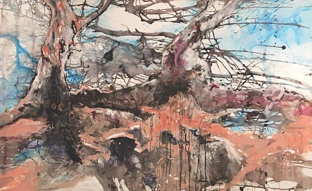 Whispering Gums on Ephemeral Wetland. Fluid acrylic and ink on canvas, 125 x 201cm.